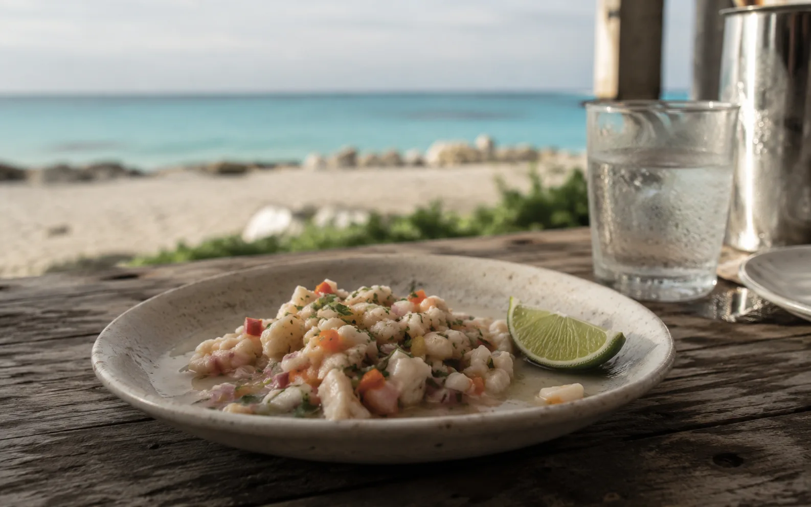 A plate of conch ceviche with a lime wedge on a weathered beach-bar table, the sea soft-focused behind