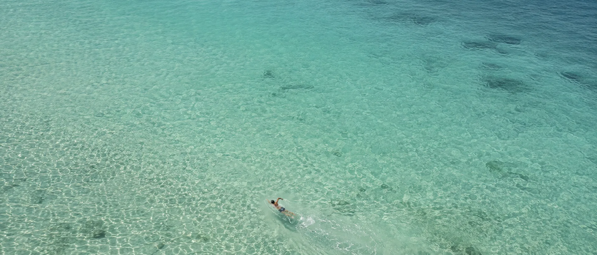 A lone swimmer front-crawling through the clear turquoise shallows off Grace Bay, seen from above